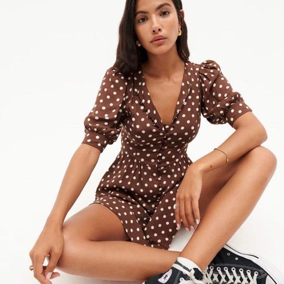 REFORMATION Laylin Polka Dot Brown Milk Chocolate Minidress Size 8 - Picture 2 of 10